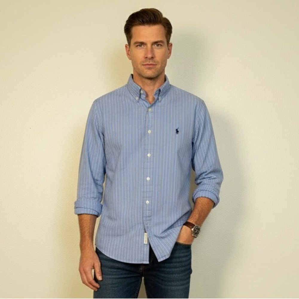 Ralph Lauren Men's Blue and White Striped Shirt Casual Large